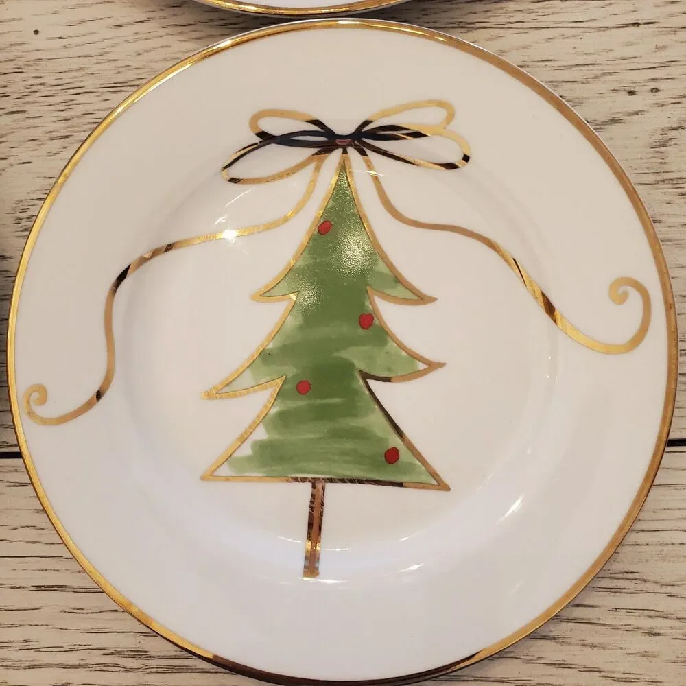 Pier 1 Christmas Gold Rim Dessert/Appetizer Plates Star Tree Ornament Reindeer 4